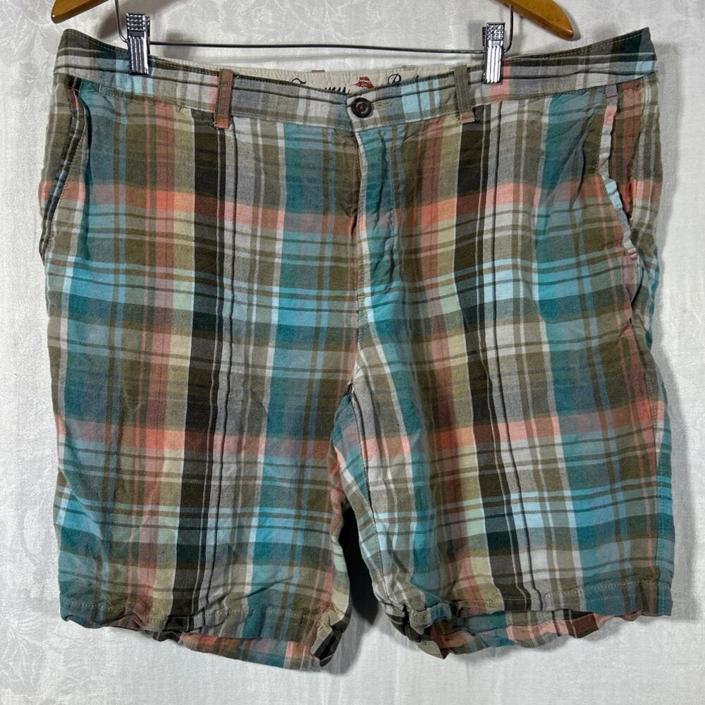 Tommy Bahama Shorts 40 Tan Blue Plaid Linen Tencel Bermuda 8" Inseam Preppy